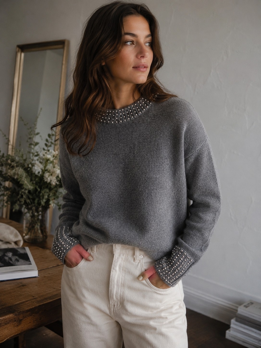 H&M Grey Soft Knit Sweater with Pearl Embellished Details – Fits Like M